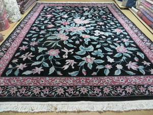9' x 12' Vintage Handmade Chinese Floral Wool Rug Flowers Black Decorative Nice - Jewel Rugs