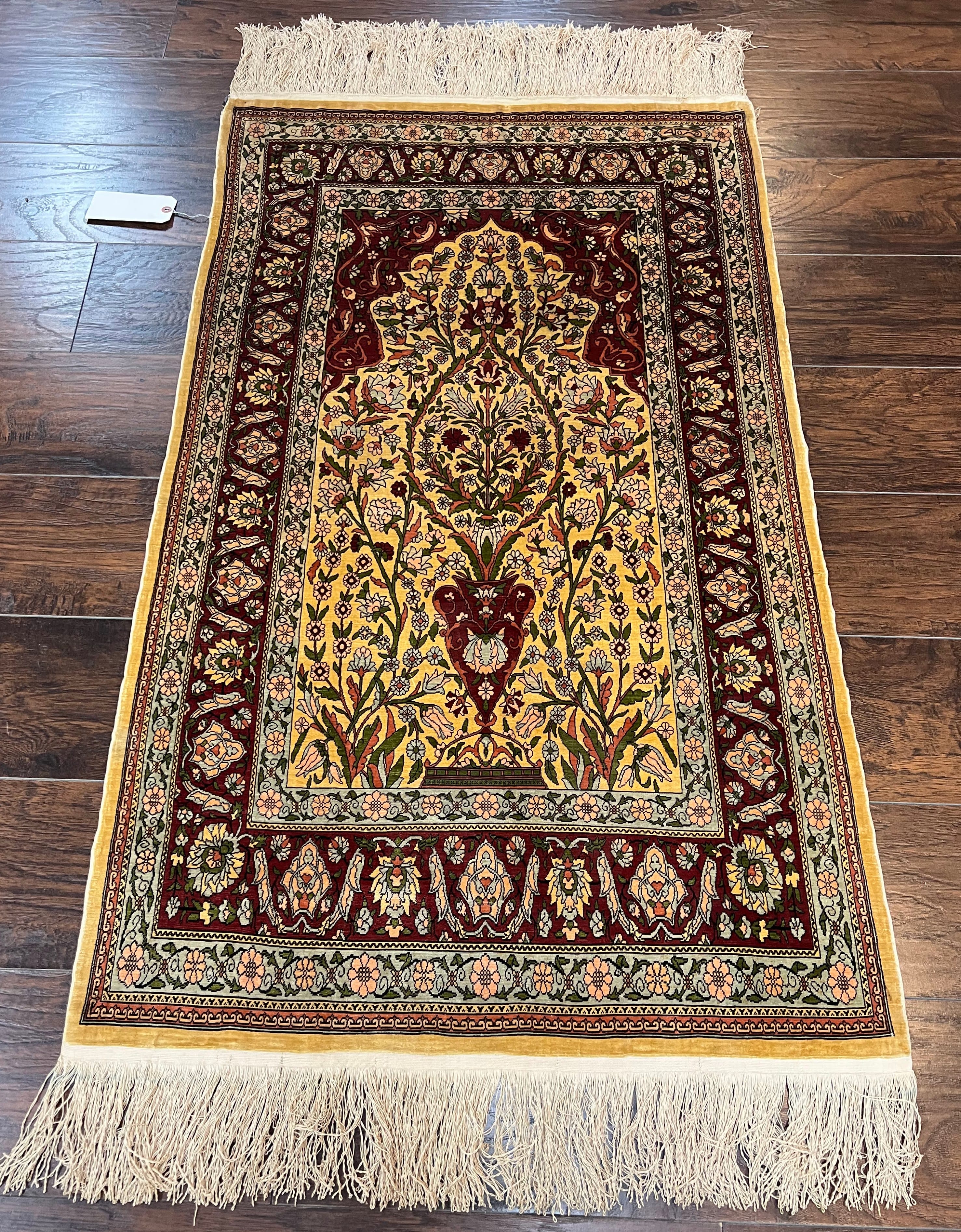 Wonderful Silk Turkish Hereke Prayer Rug 2.8 x 4.5, Tree of Life Design, Signature from Master Weaver, Gold and Burgundy, Handmade, 625 KPSI - Jewel Rugs