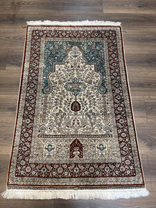 Very Fine Turkish Hereke Silk Rug 2.5 x 4, Silk Prayer Rug, Signed Hand Knotted Carpet, Floral Design, Maroon Teal Beige/Cream, Vintage Rug - Jewel Rugs