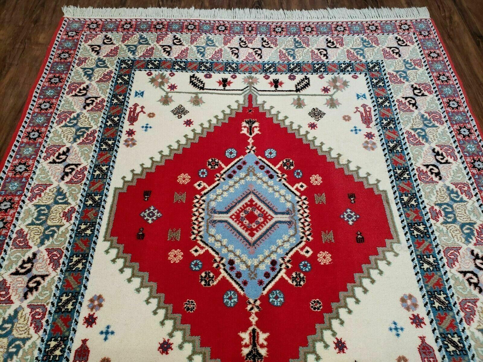 Vintage Moroccan Carpet 5x7 Area Rug, Berber Rug, Handmade Soft Wool Rug, Red Ivory and Blue, Geometric Medallion Rug, Bohemian Rug, Nice - Jewel Rugs