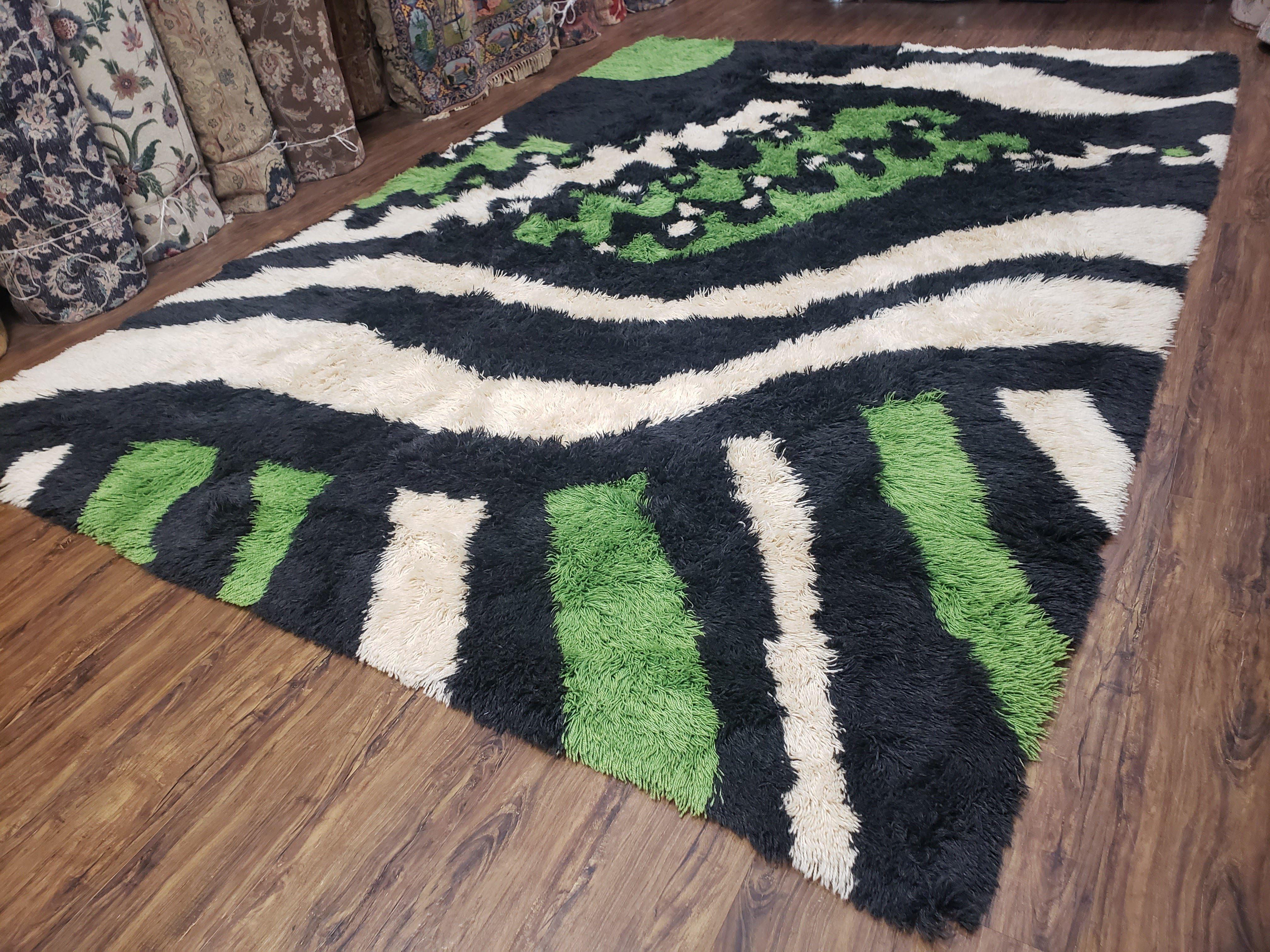 Rya Shag Rug 8x12, Mid-Century Ege Rya 1960s Carpet, Green White Black Modern Shag Rug, 8 x 12 Danish Rya, Soft High Pile, Abstract Rug - Jewel Rugs