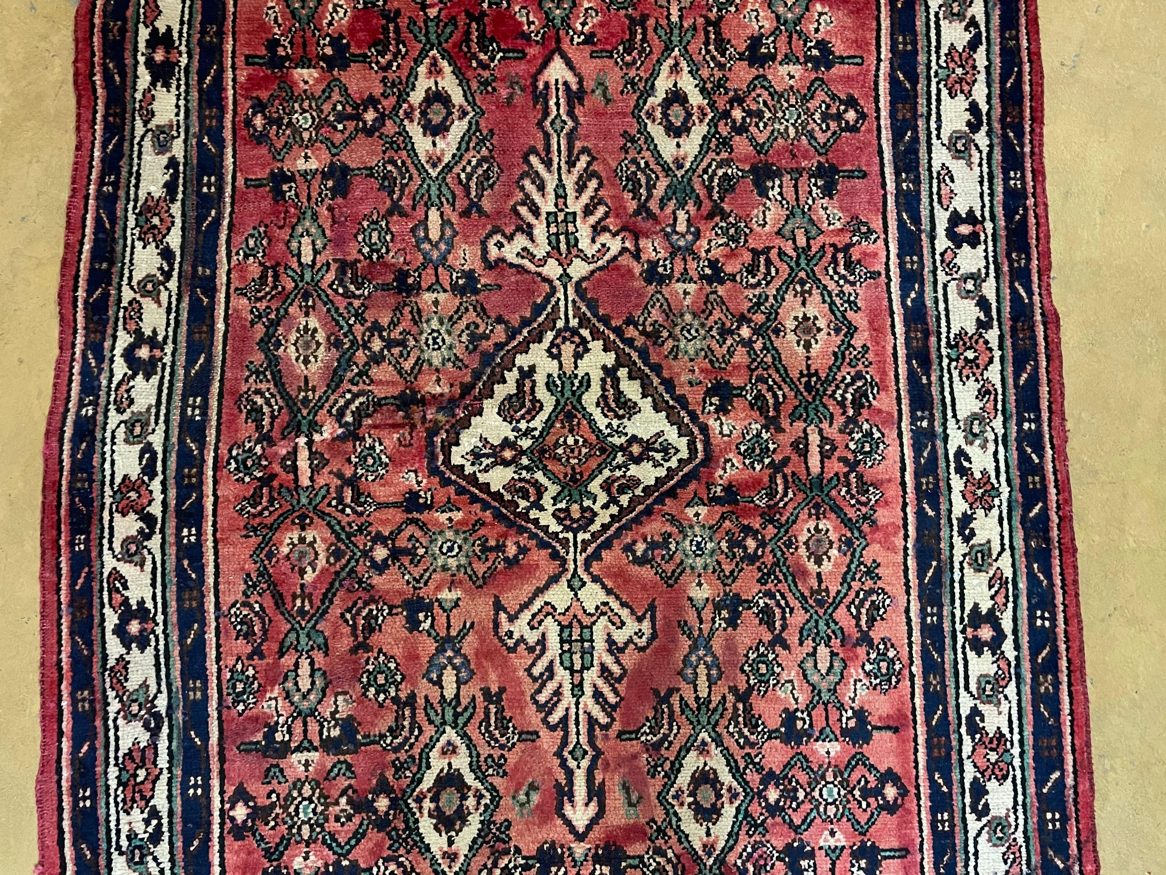 Persian Tribal Runner Rug 3.9 x 9.7, Persian Hamadan Dargazin Runner, Hand Knotted Antique Wool Vegetable Dyed Hallway Runner, Red Off White Teal, Herati Pattern - Jewel Rugs