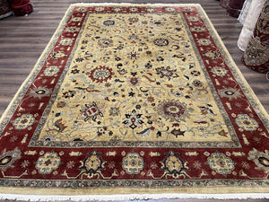 Indo Persian Mahal Rug 8x12, Wool Hand Knotted Oriental Carpet, Light Gold and Burgundy, Floral Allover, Vintage Room Sized Area Rug 8 x 12 - Jewel Rugs