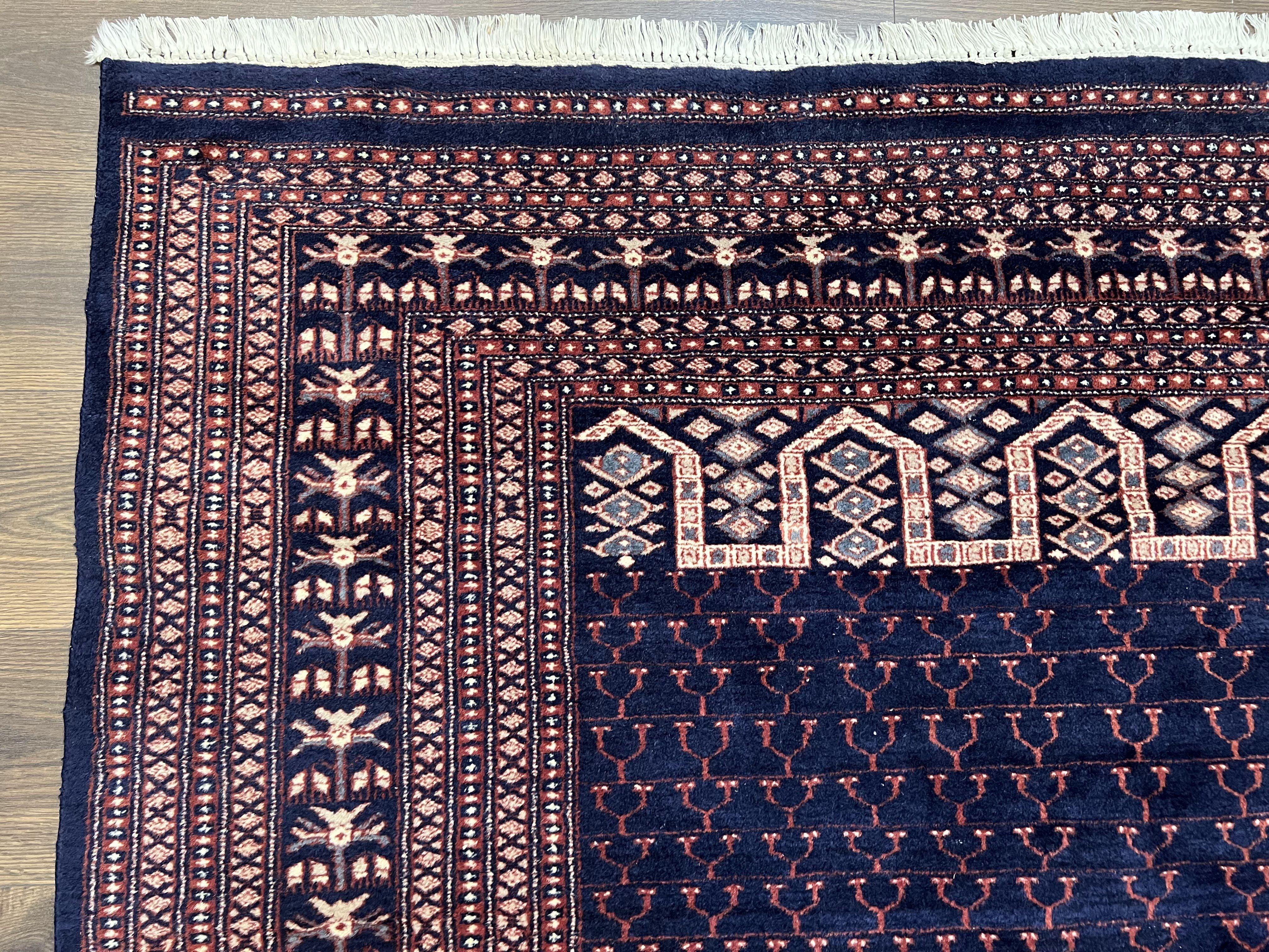 Pakistani Rug 8x11, Hand Knotted Wool Carpet, Navy Blue Red Beige, Four Season Hatchli Design, 8 x 11 Vintage Fine Oriental Rug, Room Sized - Jewel Rugs