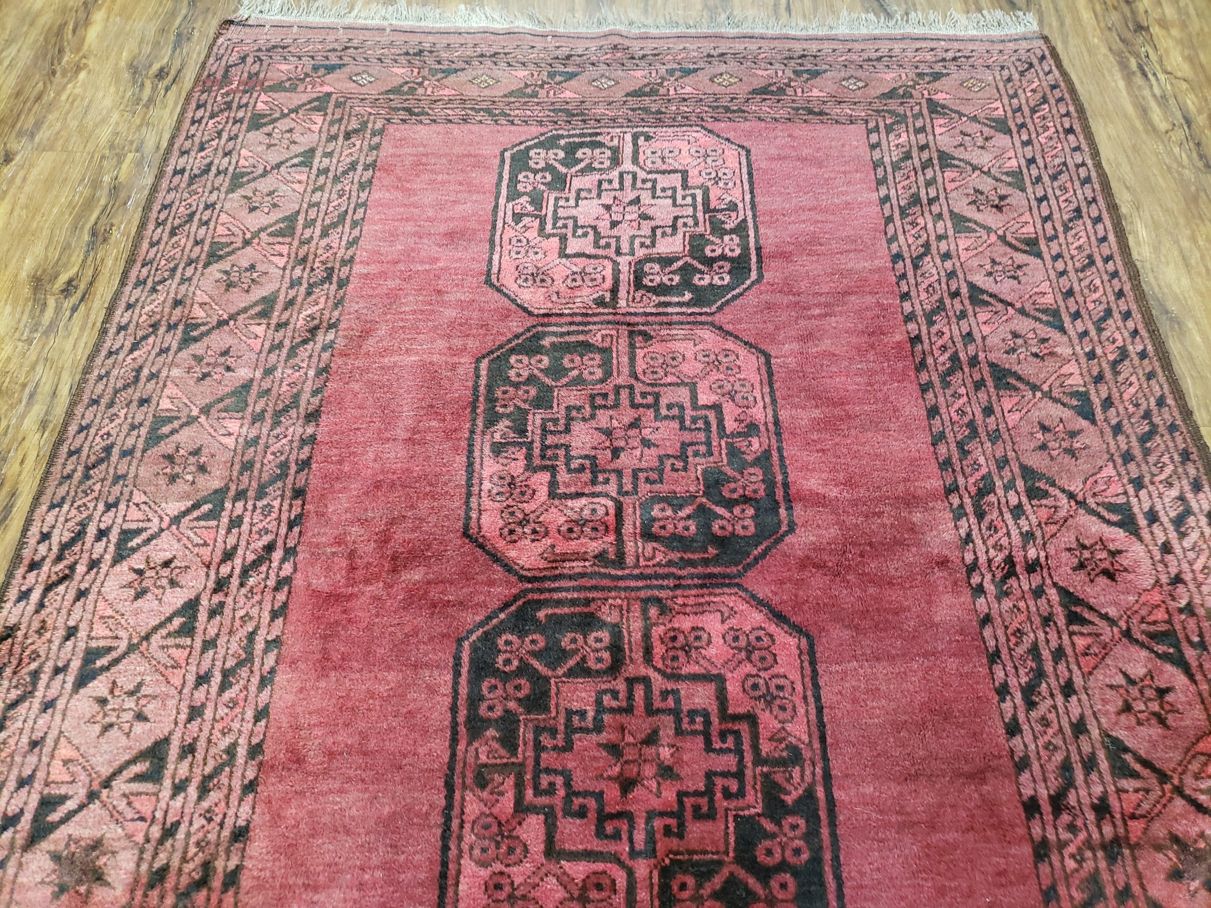 Antique Bukhara Area Rug, Vintage Afghan Bokhara Bashir Rug, 4x6 Hand-Knotted Oriental Carpet, Red & Black Wool Rug, 4' x 5'9 - Jewel Rugs