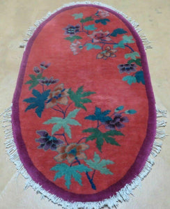 2' X 4' Handmade Chinese Art Deco NICHOLS Oval Wool Rug Carpet Vase Flower Nice - Jewel Rugs