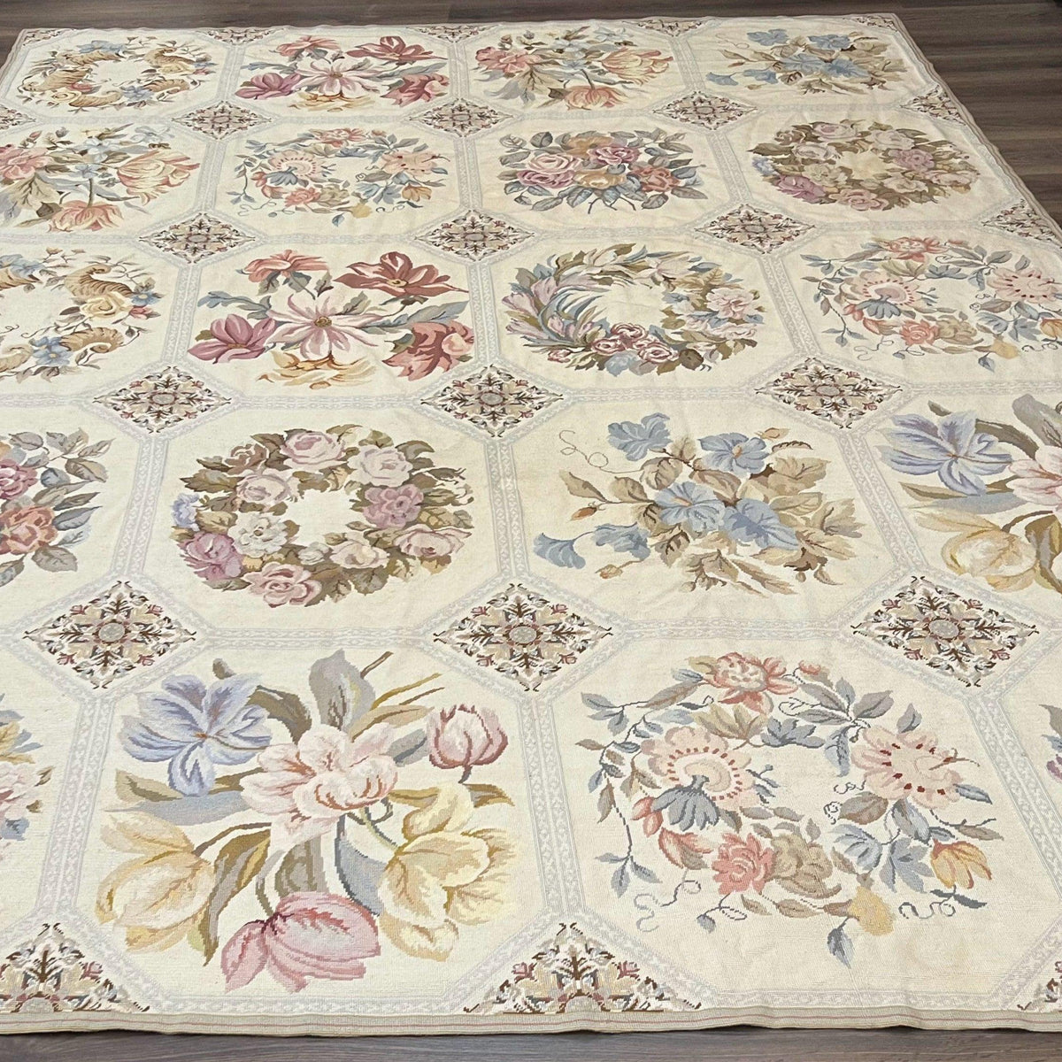 Jeweled Rug Vintage Needlepoint Rug 8x11, Floral Panel Design, Flatweave Handmade ...