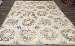 Vintage Needlepoint Rug 8x11, Floral Panel Design, Flatweave Handmade Needlepoint Carpet 8 x 11, Room Size Wool Needlepoint Rug, Cream Color - Jewel Rugs