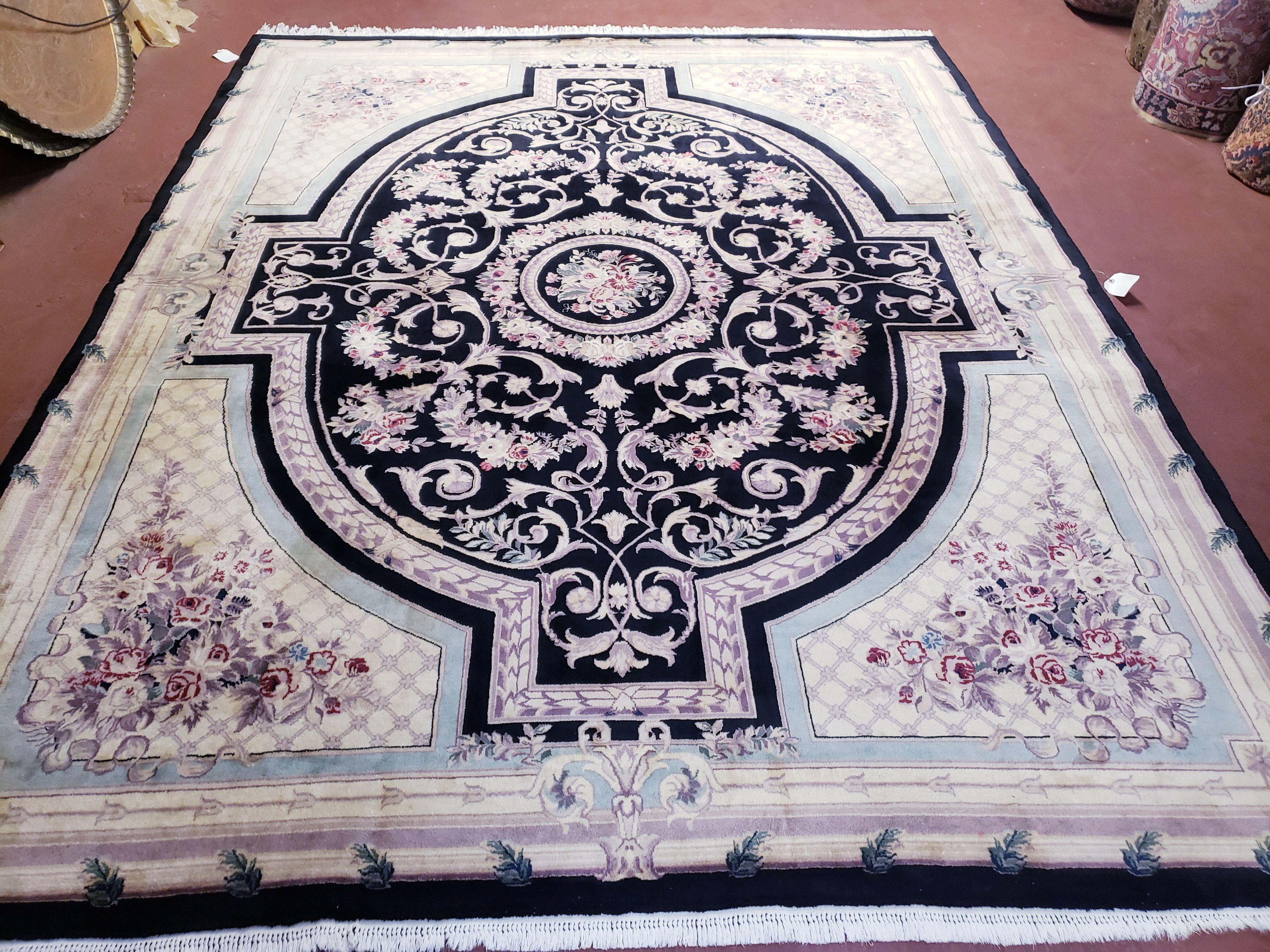 8x10 Aubusson Rug, Fine Hand Knotted Wool Carpet, French European Design, Black & Ivory - Jewel Rugs