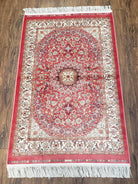 Red & Cream Silk Rug, Small Silk Carpet, Oriental Rug with Medallion, Accent Rug, Bamboo Silk, New, 2.5 x 4 ft Rug Mat, 2' 8" x 4' 1" - Jewel Rugs