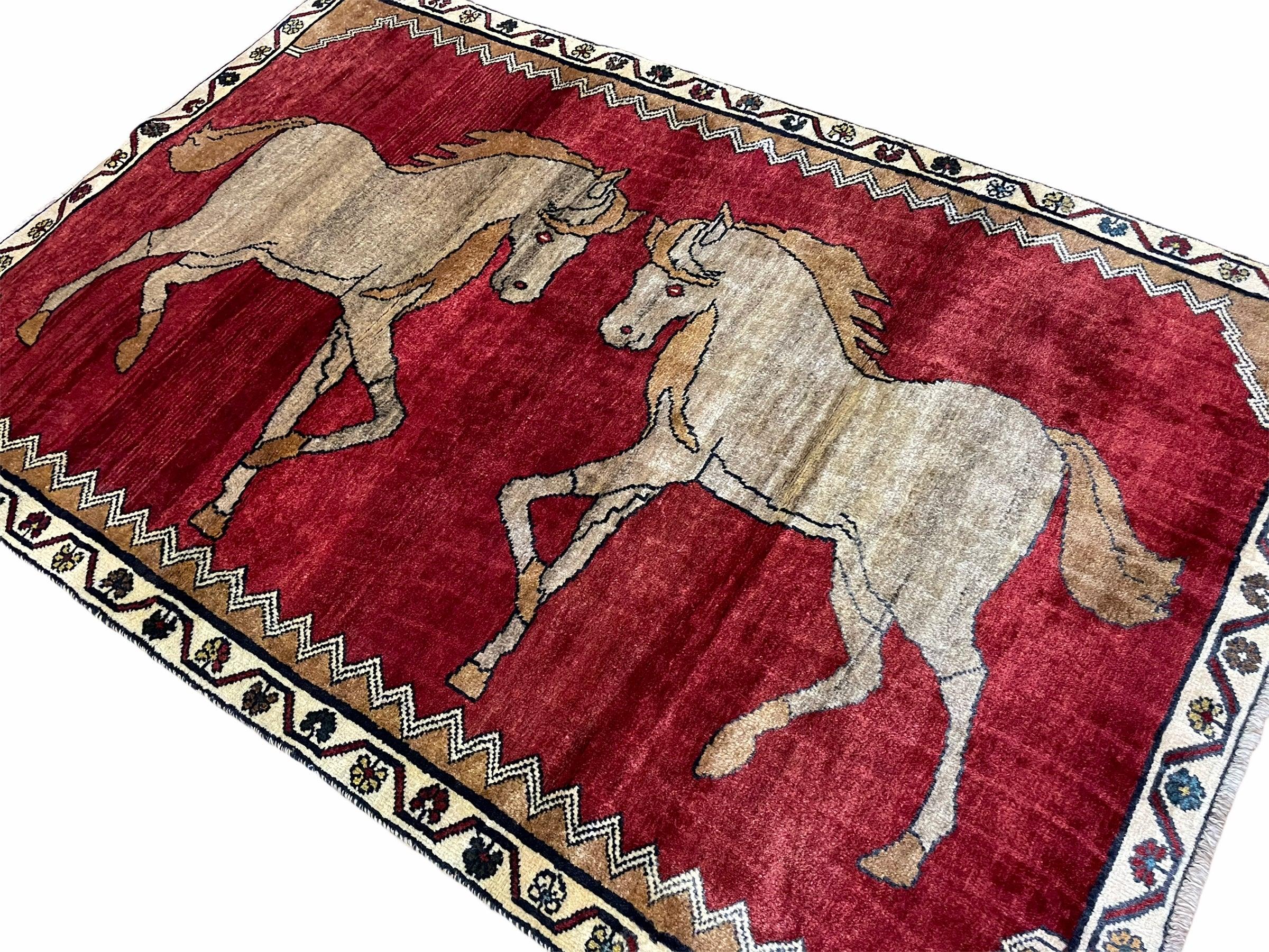 4 X 6 Handmade Hand-Knotted New Vintage Rug Wool Horses Red Organic Dyes Tribal - Jewel Rugs