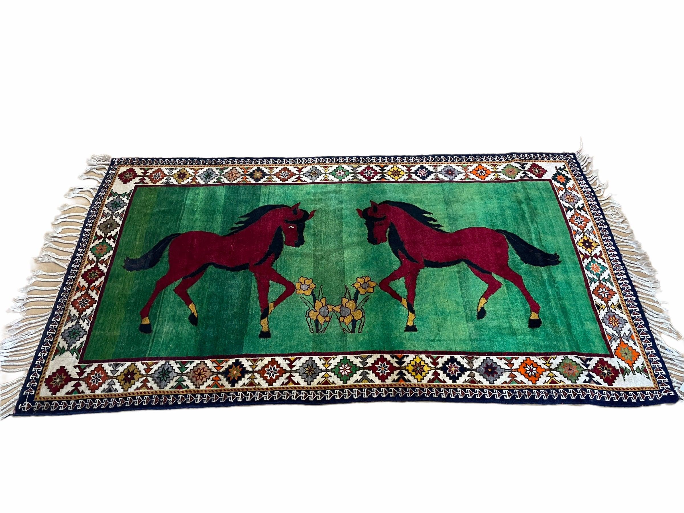 4 X 7 Handmade Rug Zagros Quality Wool Pictorial Horses Green Butterfly Colorful - Jewel Rugs