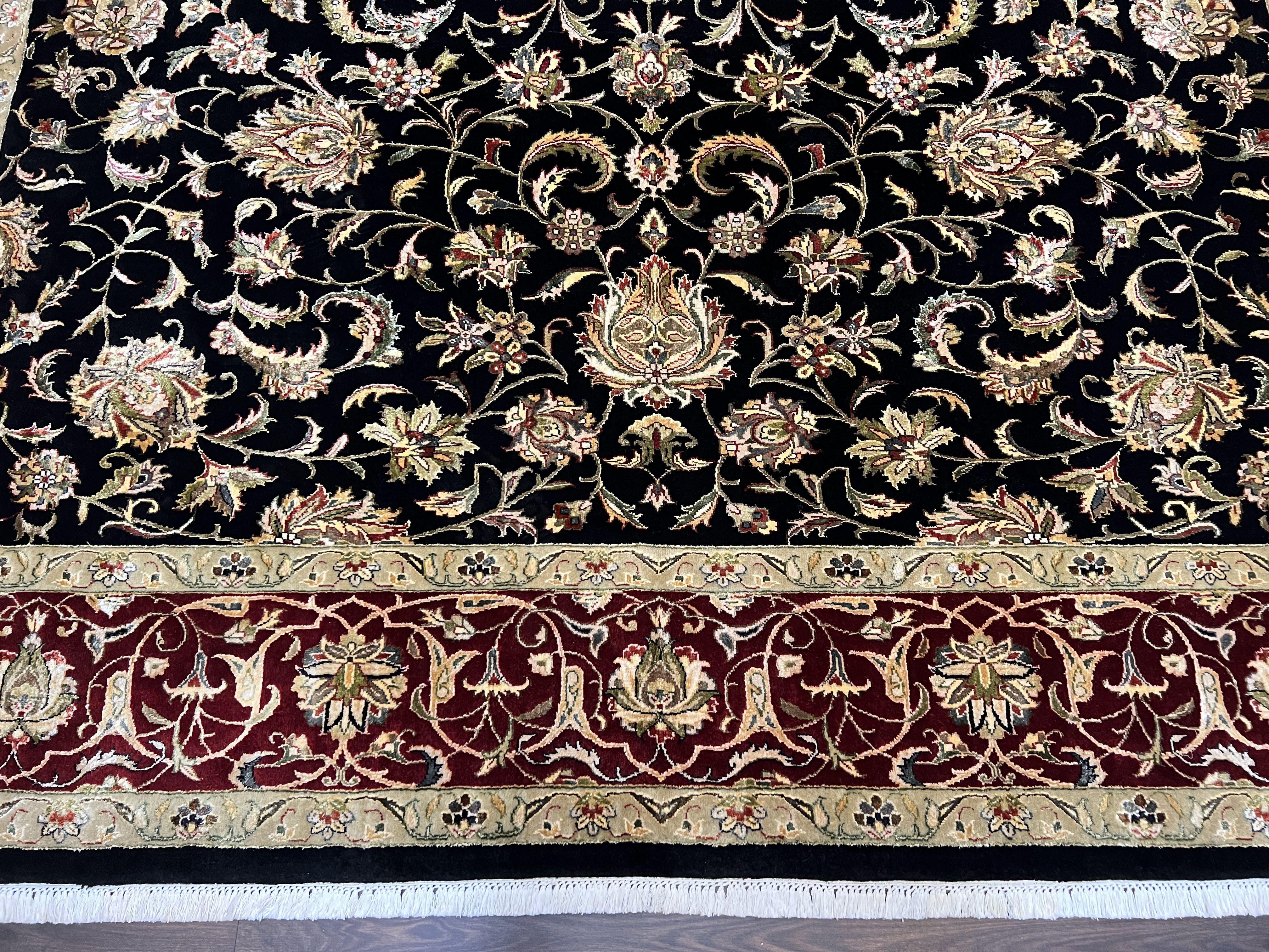 Indo Persian Rug 8x10, Black and Maroon Floral Allover Wool and Silk Oriental Carpet 8 x 10 ft, Hand Knotted Traditional Vintage Room Sized - Jewel Rugs