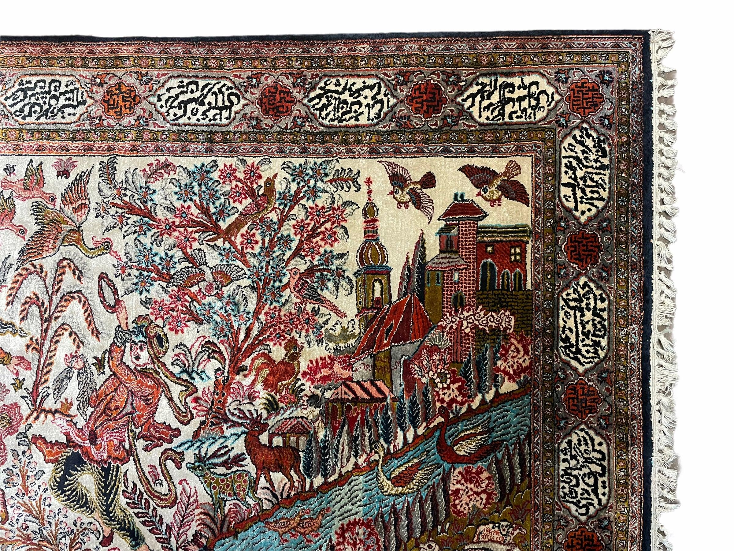 Silk Rug, Silk Persian Rug, Fine Persian Silk Rug, Silk Carpet, Handmade Persian Rug 3x5, Persian Pictorial Rug, Birds Flowers River Lovers - Jewel Rugs