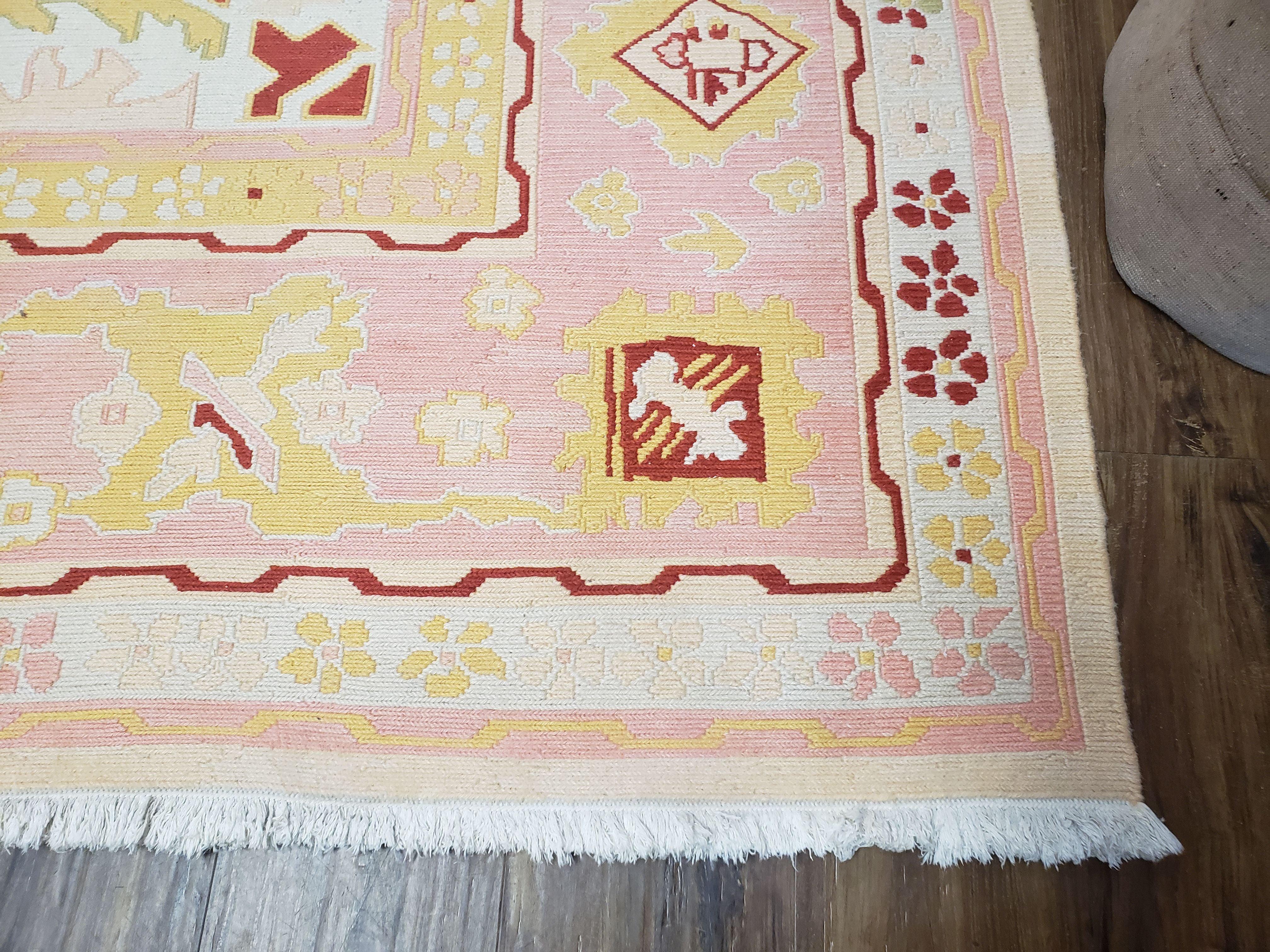 Large Turkish Kilim Carpet 10x14, Vintage Hand-Knotted Turkish Kilim Rug 10 x 14, Pink Cream Yellow Red, Decorative, Geometric, Unique - Jewel Rugs