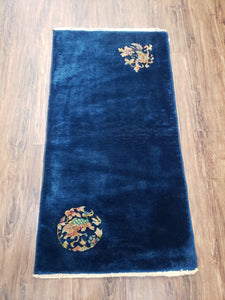 Blue Chinese Art Deco Accent Rug, 2x4 Vintage Nichols Rug, Wool Hand-Knotted East Asian Carpet, 2 x 4 Small Rug, Pair A - Jewel Rugs