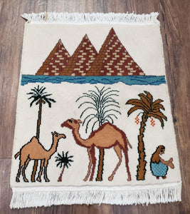 Small Vintage Egyptian Accent Rug, Pyramids Camels Nile River, Egypt Pictorial Rug Tapestry, Palm Trees, Beige, Hand-Knotted, Wool, 1.5x1.8 - Jewel Rugs