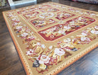 Vintage Chinese Aubusson Savonnerie Flat Pile Rug 9.9 x 14.5 Wool Handwoven Red & Khaki Large Flowers Rug 9x14 - 10x15 Michaelian Kolhberg - Jewel Rugs