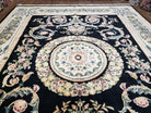 Vintage Chinese Aubusson Savonnerie Wool Area Rug, Hand-Knotted, Black & Beige, Elegant 9x12 Living Room Carpet 8.11 x 12.7 European Design - Jewel Rugs