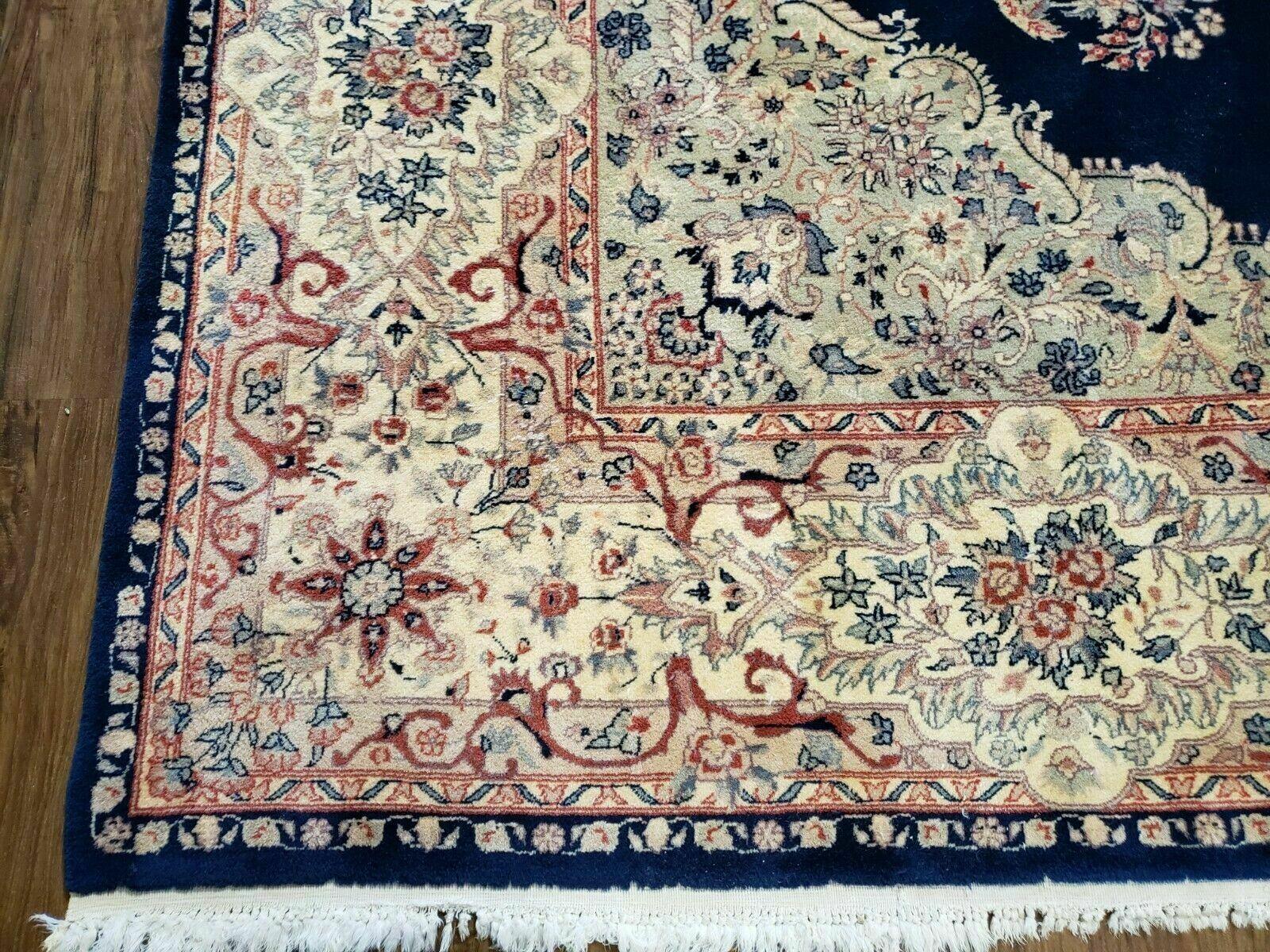 9' X 12' Vintage Indian Oriental Kirman Rug Medallion Hand Knotted Wool Blue - Jewel Rugs