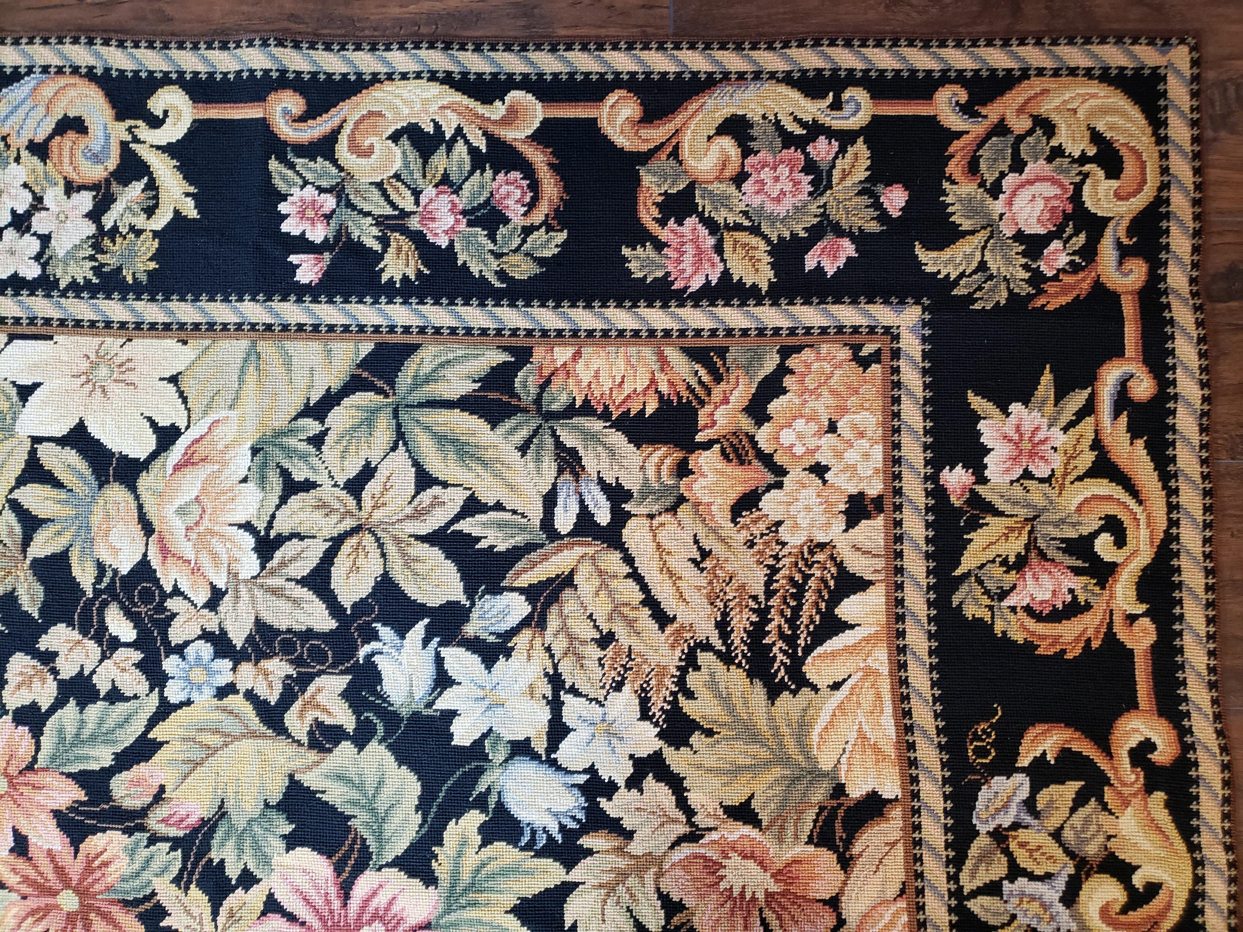 William Morris Rug 12x17 - 12x18, Flat Pile Needlepoint Carpet, Black Oversized Palace Sized Rug, Wool Hand-Woven, Large Floral Flowers Rug - Jewel Rugs