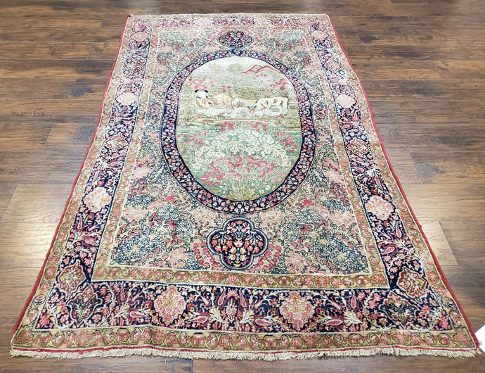 Antique Persian Kirman Rug 4.4 x 7.5, Highly Collectible, Late 19th Early 20th Century Rug, Millefleurs, Cows, Wool Hand Knotted, Pictorial - Jewel Rugs
