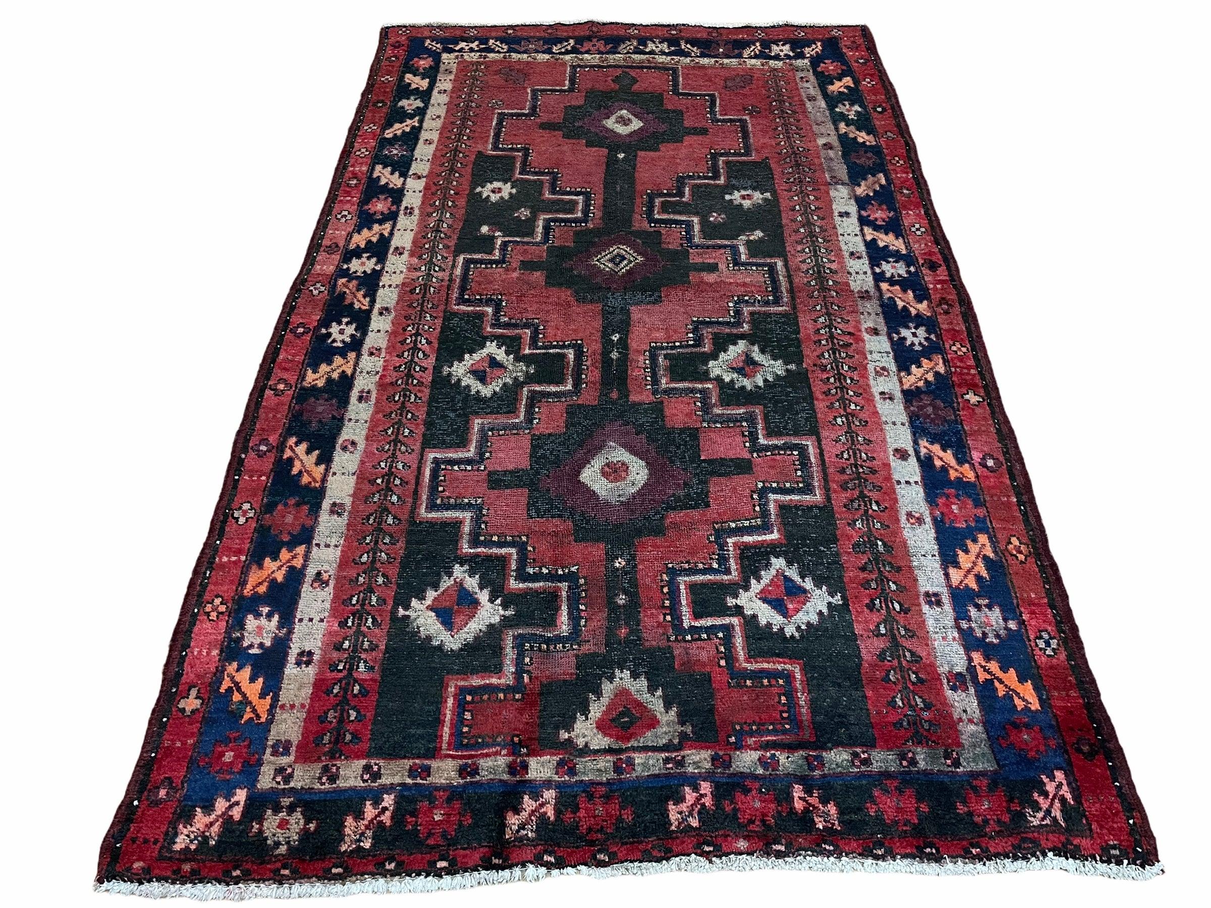 4 X 7 Antique Handmade Wool Tribal Rug Geometric Bold Organic Dyes Black Red - Jewel Rugs