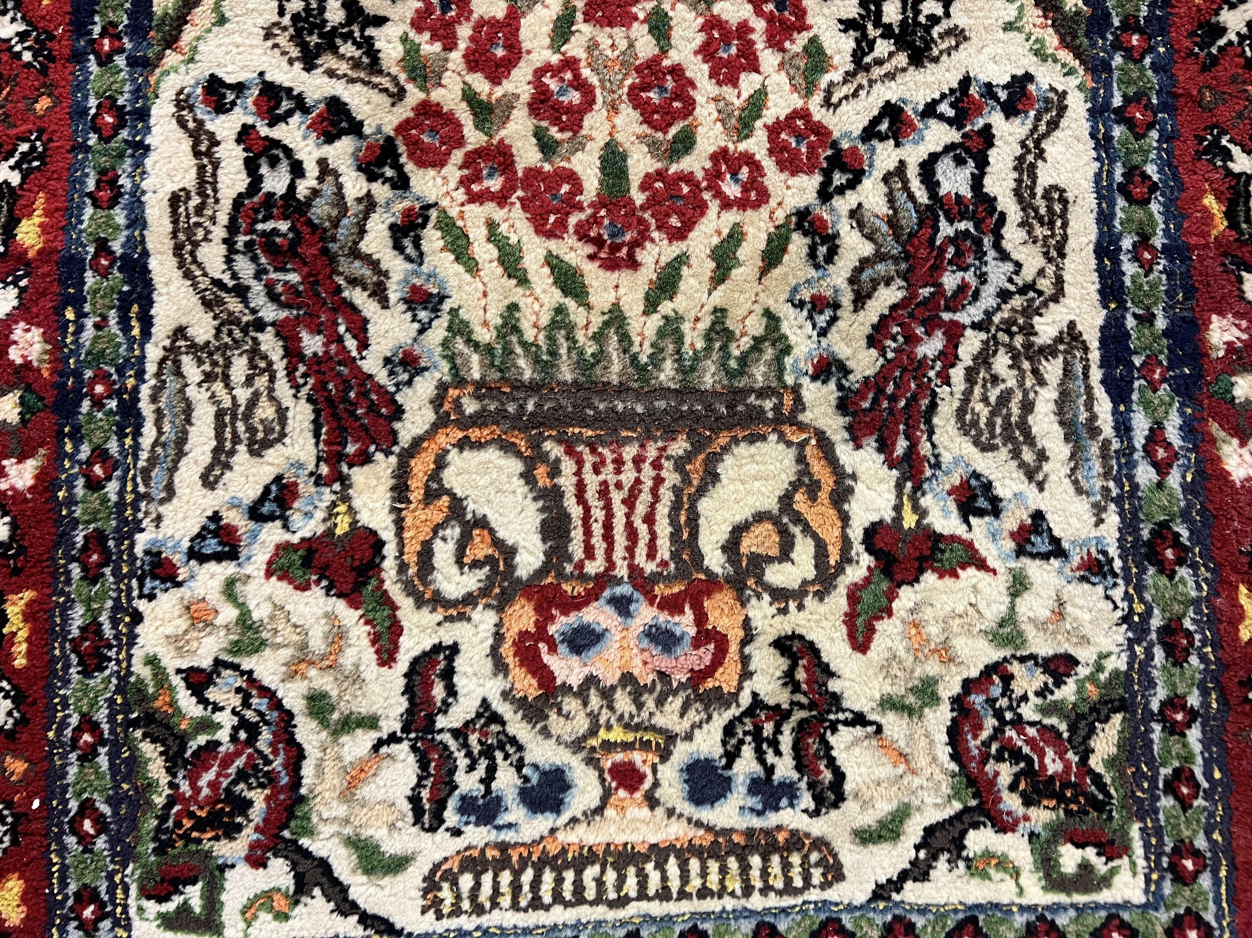 Small Indo Persian Rug 2x3 ft, Wool with Silk Highlights, Animal Pictorial Motifs Birds Vase Flowers, Cream and Maroon, Hand Knotted Fine - Jewel Rugs