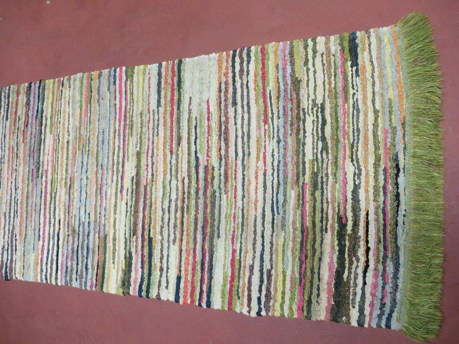 2' X 6' Vintage Hand Loomed Cotton Stripe Runner Rug Natural Dyes Braided Rag Nice - Jewel Rugs