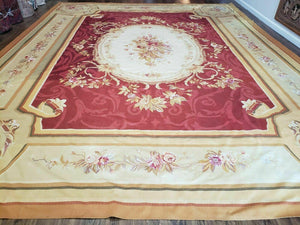12' X 15' Hand Made French Aubusson Weave Rug Wool Savonnerie Design Red Wow - Jewel Rugs