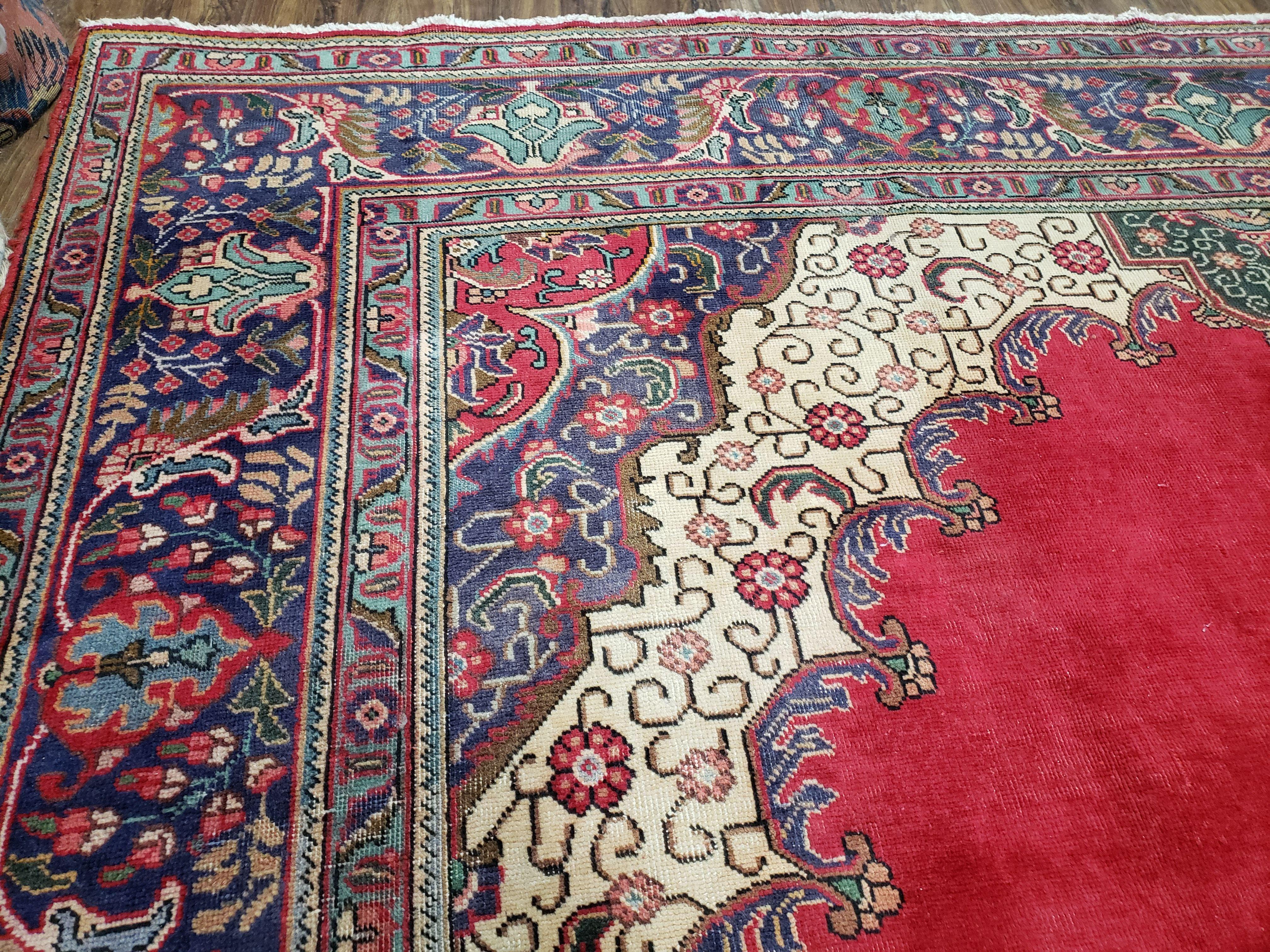 Semi Antique Tabriz Rug with Central Medallion, Red, 9'8" x 12'5" - Jewel Rugs