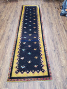 2' 4" X 9' 9" Handmade India Oriental Wool Runner Rug Birds Navy Blue Yellow - Jewel Rugs