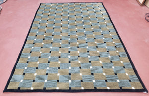 Vintage Modern Tibetan Area Rug 5 x 7.8, Soft Wool Hand-Knotted Checkerboard Pattern Blue & Taupe Nepali Carpet, 5x7 - 5x8 Playroom Rug - Jewel Rugs
