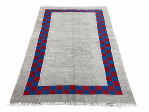 Gray Turkish Kilim Carpet 5' 7" x 7' 7", Medium Kilim Rug, Hand-Knotted, Blue & Red Border, Minimalistic Design, Geometric, Wool, New - Jewel Rugs
