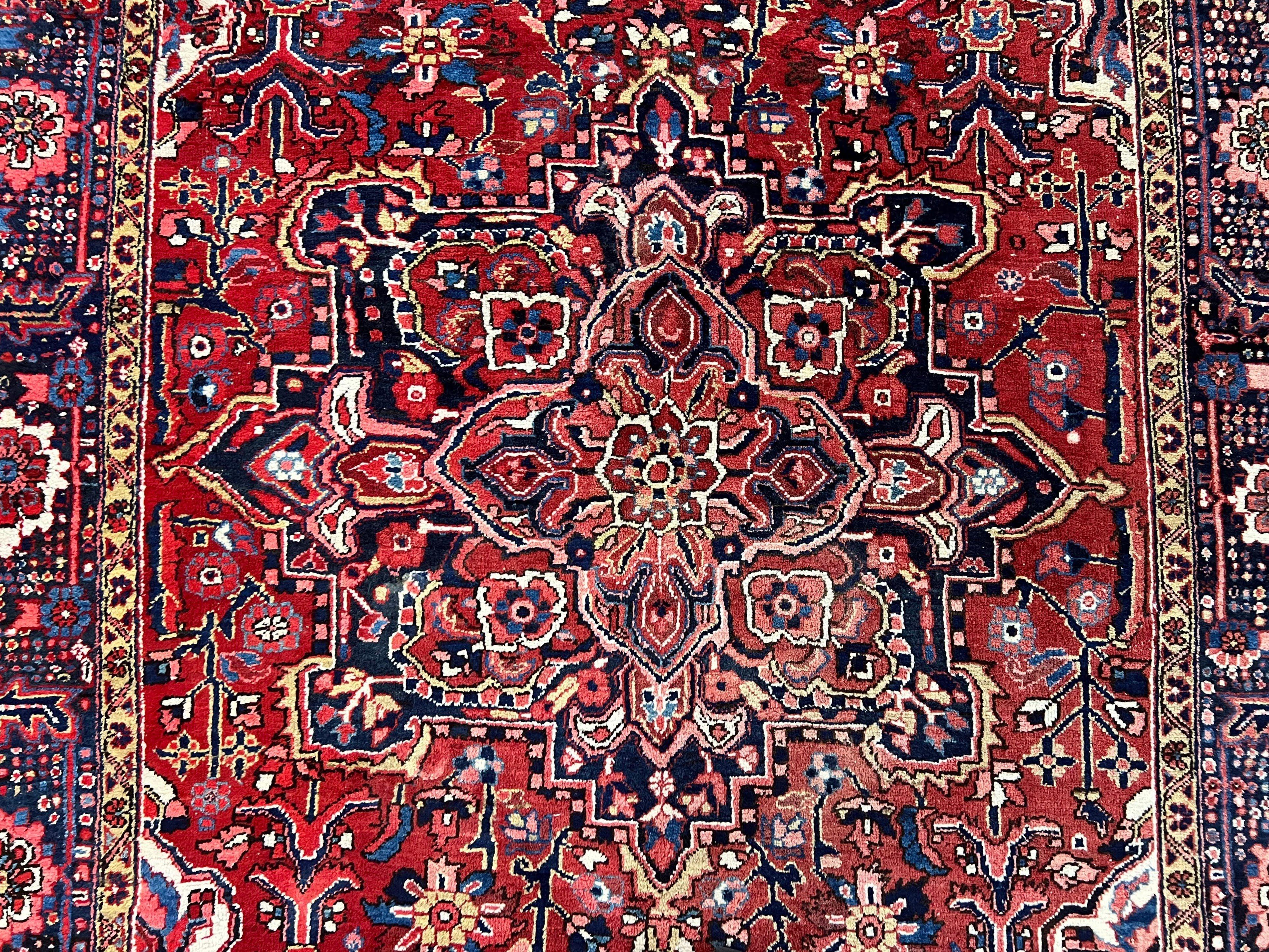 Persian Heriz Rug 8x12, Vintage Geometric Medallion Carpet, Semi Antique Wool Handmade Room Sized Oriental Rug 8 x 12, Red Dark Blue Ivory - Jewel Rugs