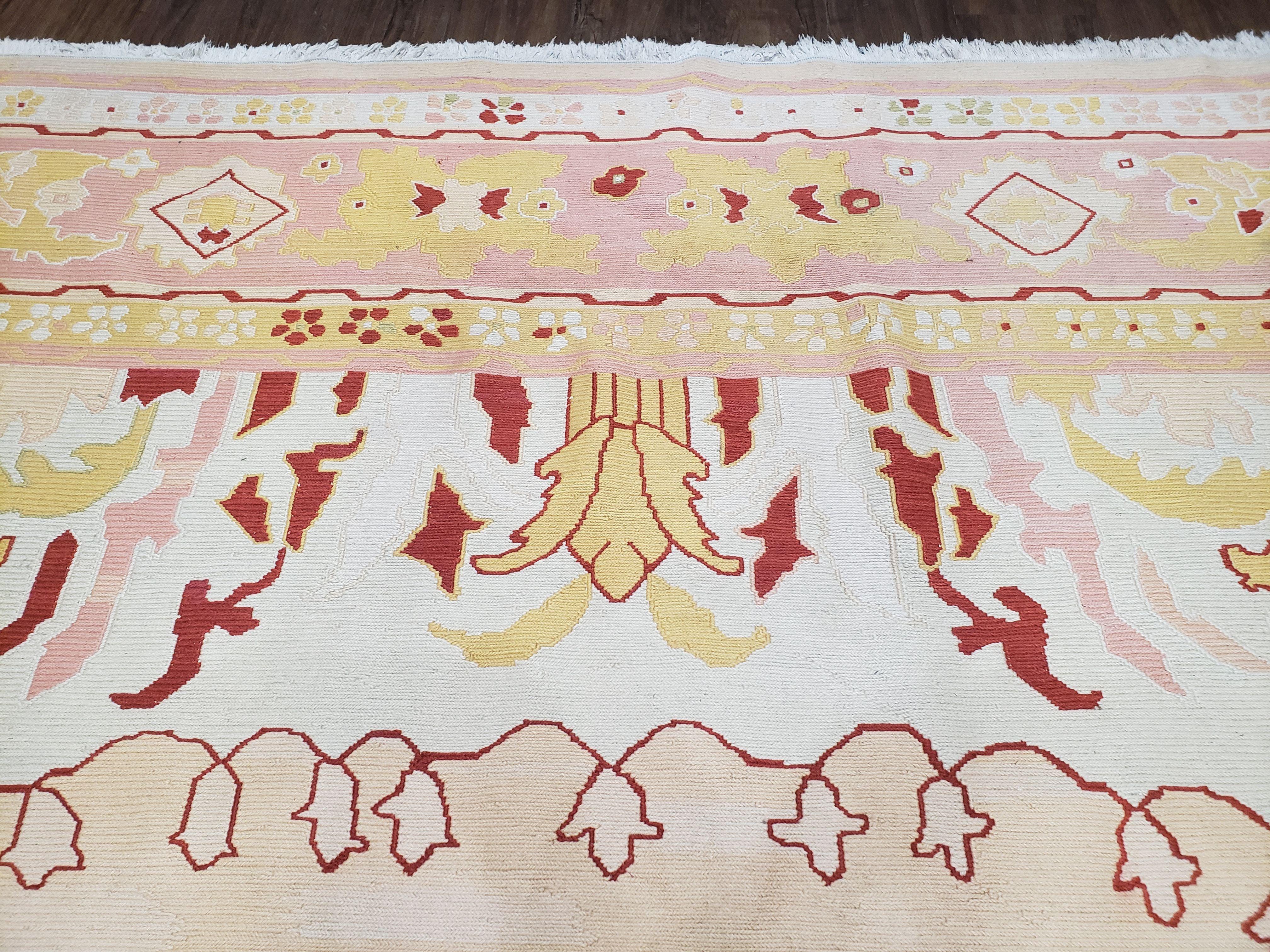 Large Turkish Kilim Carpet 10x14, Vintage Hand-Knotted Turkish Kilim Rug 10 x 14, Pink Cream Yellow Red, Decorative, Geometric, Unique - Jewel Rugs