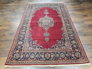Semi Antique Persian Kashan Rug 4.5 x 7, Red and Navy Blue Persian Carpet, Medallion with Open Field, High Quality, Wool Hand Knotted Vintage Nice - Jewel Rugs