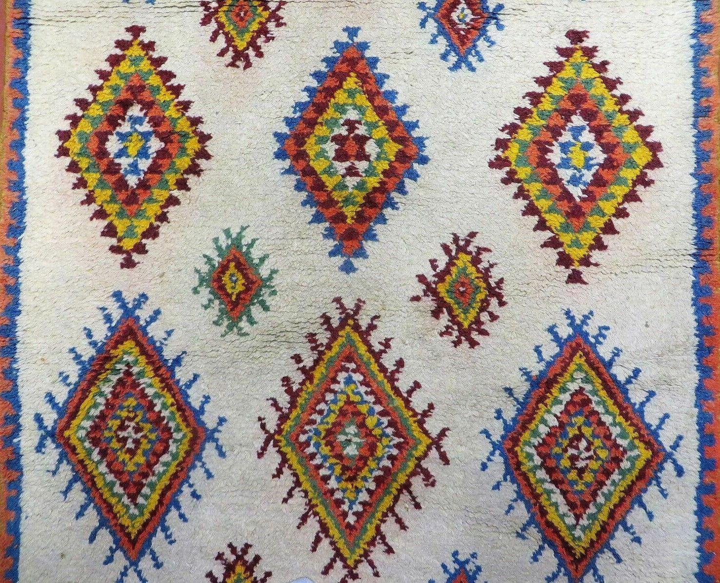 Moroccan Wide Runner Rug 3' 6" x 9', Vintage Azilal Berber Carpet Tribal Runner, Colorful Diamonds Ivory Orange Yellow, Soft Wool Handmade - Jewel Rugs