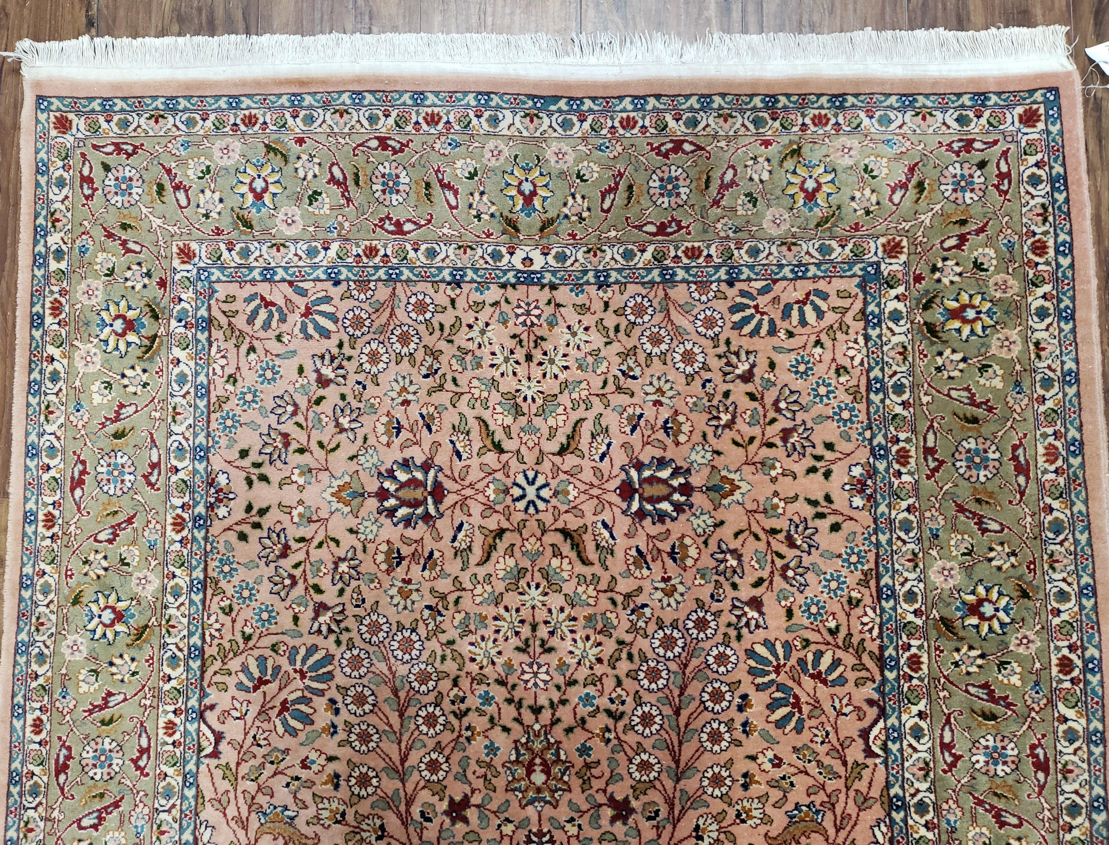 Turkish Hereke Rug 4x6, Wool on Cotton Turkish Hereke Carpet 4 x 6 ft, Handmade Hand Knotted Fine Oriental Rug, Light Coral Red and Green - Jewel Rugs