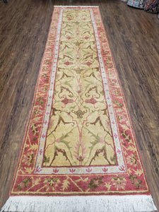 Vintage Nepalese Runner Rug 3 x 11.9, Wool Hand-Knotted Hallway Carpet, Gold & Red Nepali Tibetan Runner 3 x 12 Soft Pile Kitchen Carpet - Jewel Rugs