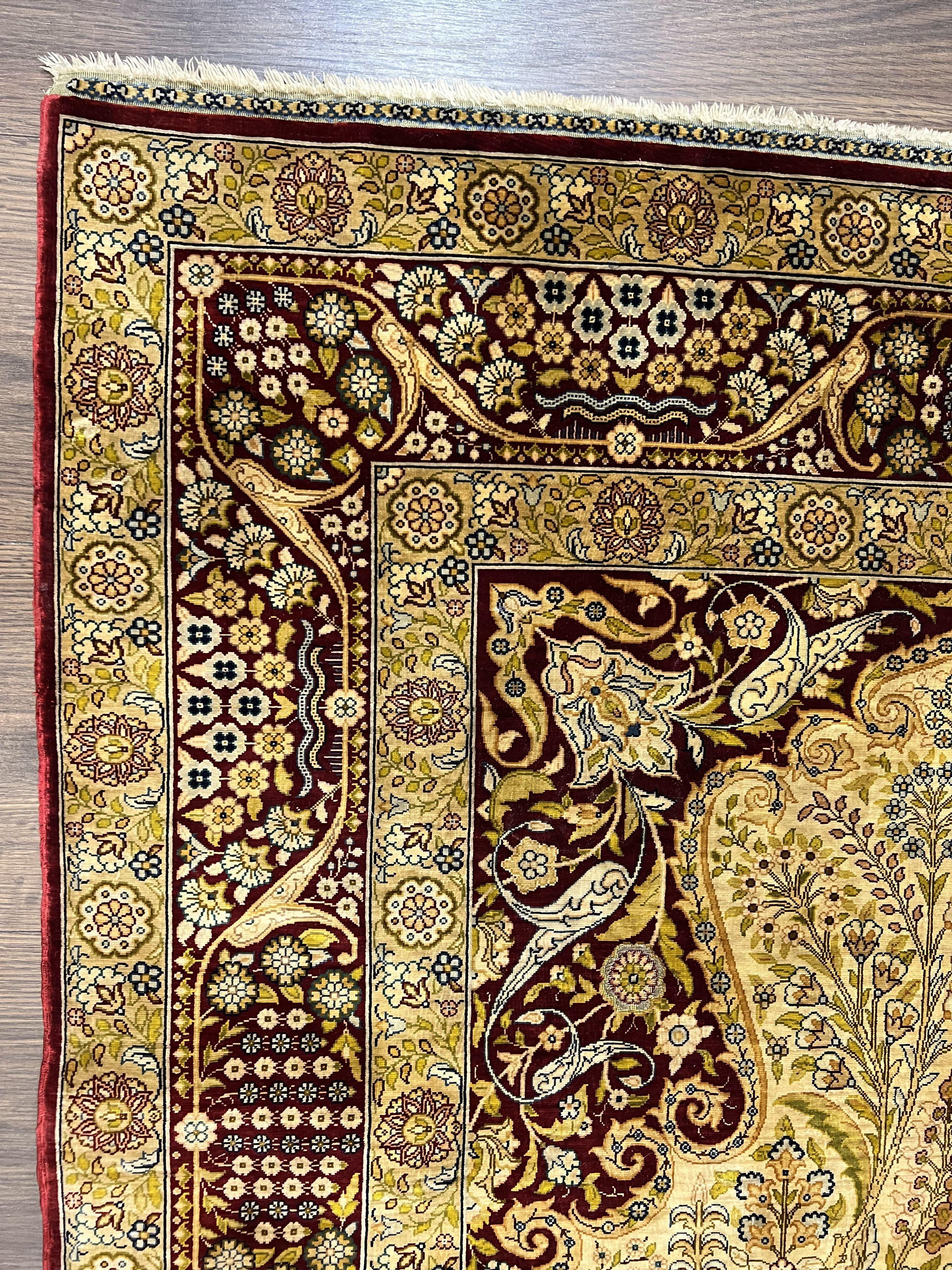 Silk Turkish Hereke Rug 3x5, Gold and Burgundy Hand Knotted Silk Hereke Carpet, Prayer Rug, Tree of Life, Authentic Hereke, Vintage Stunning - Jewel Rugs