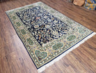 Semi Antique Persian Qum Tree of Life Rug, Hand-Knotted, Wool, Midnight Blue and Tan, Animal Pictorials, Written Poem in Borders, 4' 8" x 7' 8" - Jewel Rugs