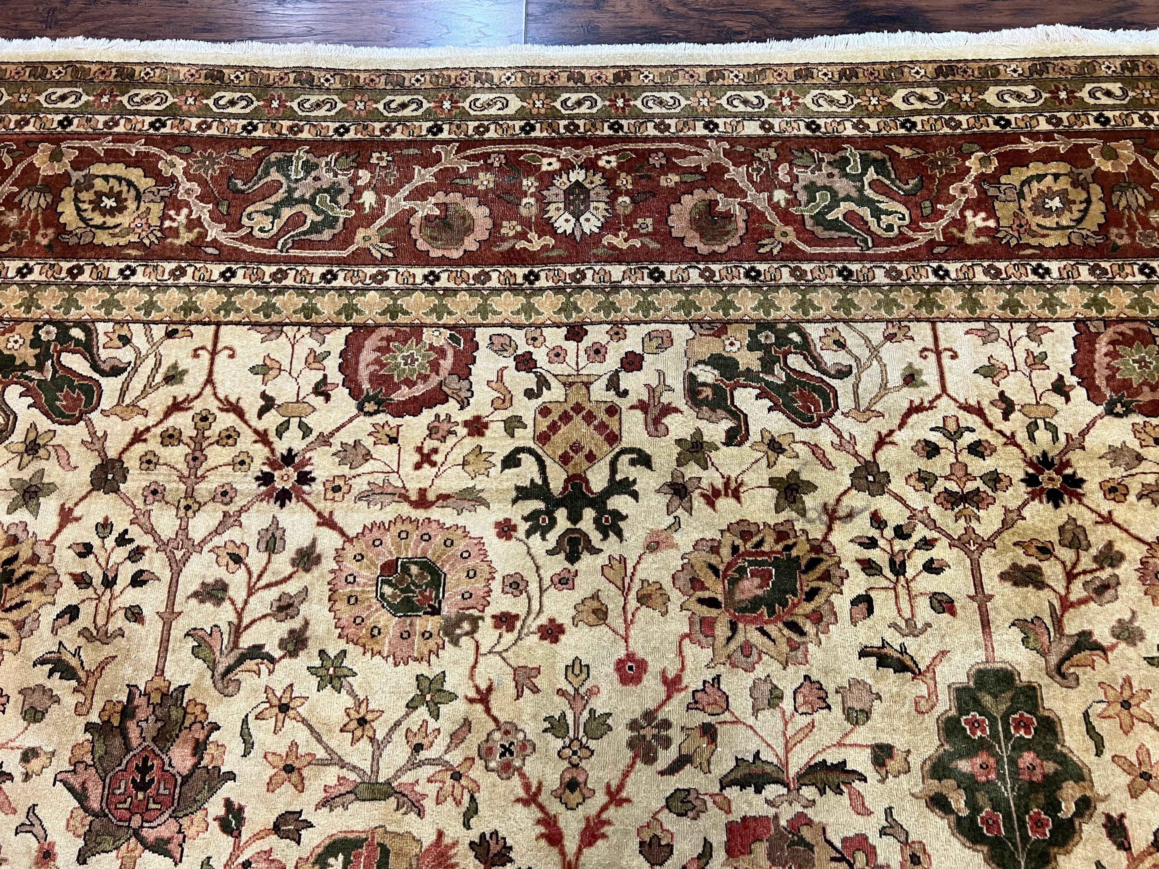 Large Indian Rug 10x14, Hand Knotted Indo Persian Gandehar Oriental Carpet, Vintage Wool Rug 10 x 14 ft Cream Red Floral Allover Traditional - Jewel Rugs