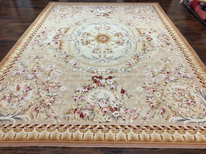 Aubusson Rug 9x12, Elegant Savonnerie Carpet 9 x 12 ft, Beige Ivory Tan, Floral, Flatweave Wool Handmade Area Rug 9 x 12 ft, European French - Jewel Rugs
