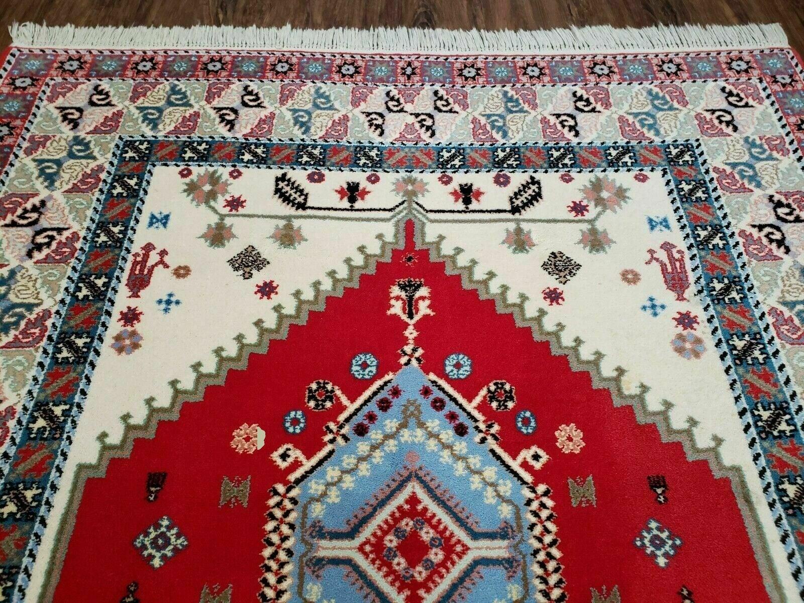 Vintage Moroccan Carpet 5x7 Area Rug, Berber Rug, Handmade Soft Wool Rug, Red Ivory and Blue, Geometric Medallion Rug, Bohemian Rug, Nice - Jewel Rugs