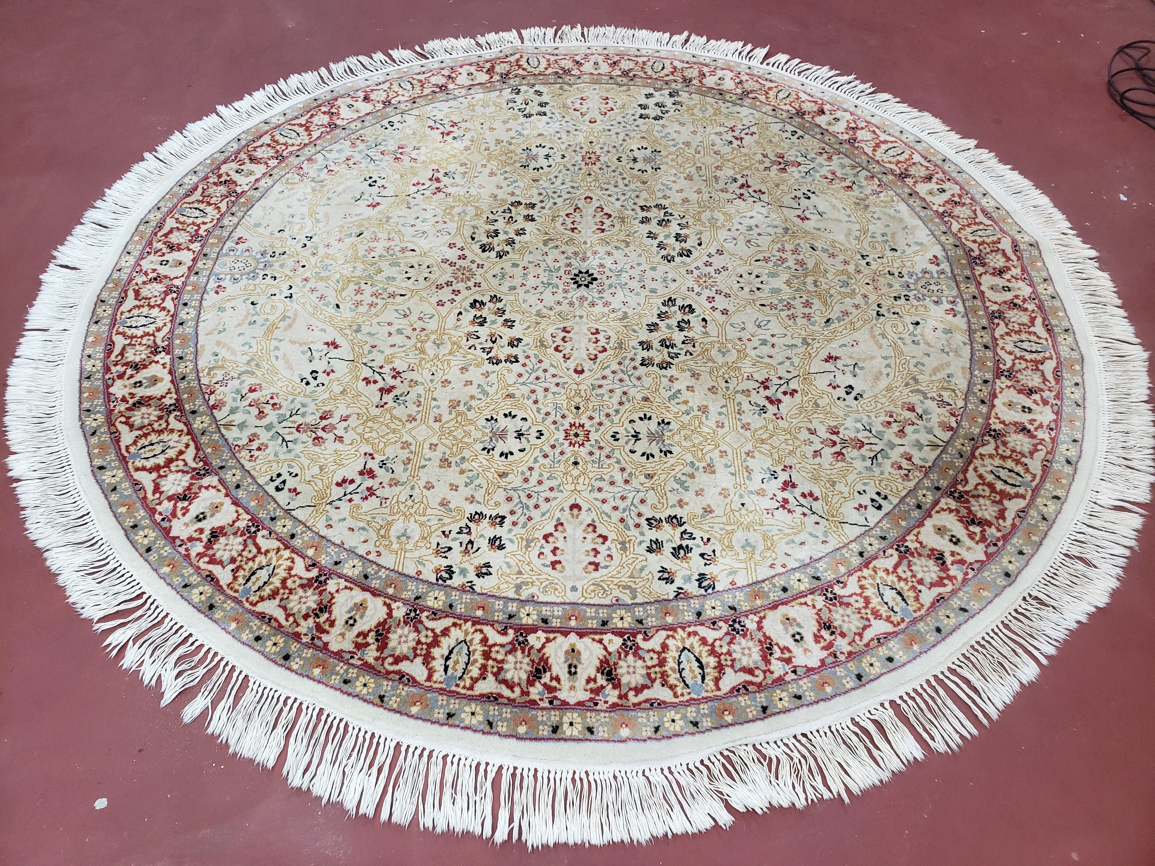 Vintage Pak Persian 6ft Round Area Rug, Wool Hand-Knotted Ivory & Golden Lines Colorful Haji Jalili Design Pakistani Carpet, 6x6 Round Rug - Jewel Rugs