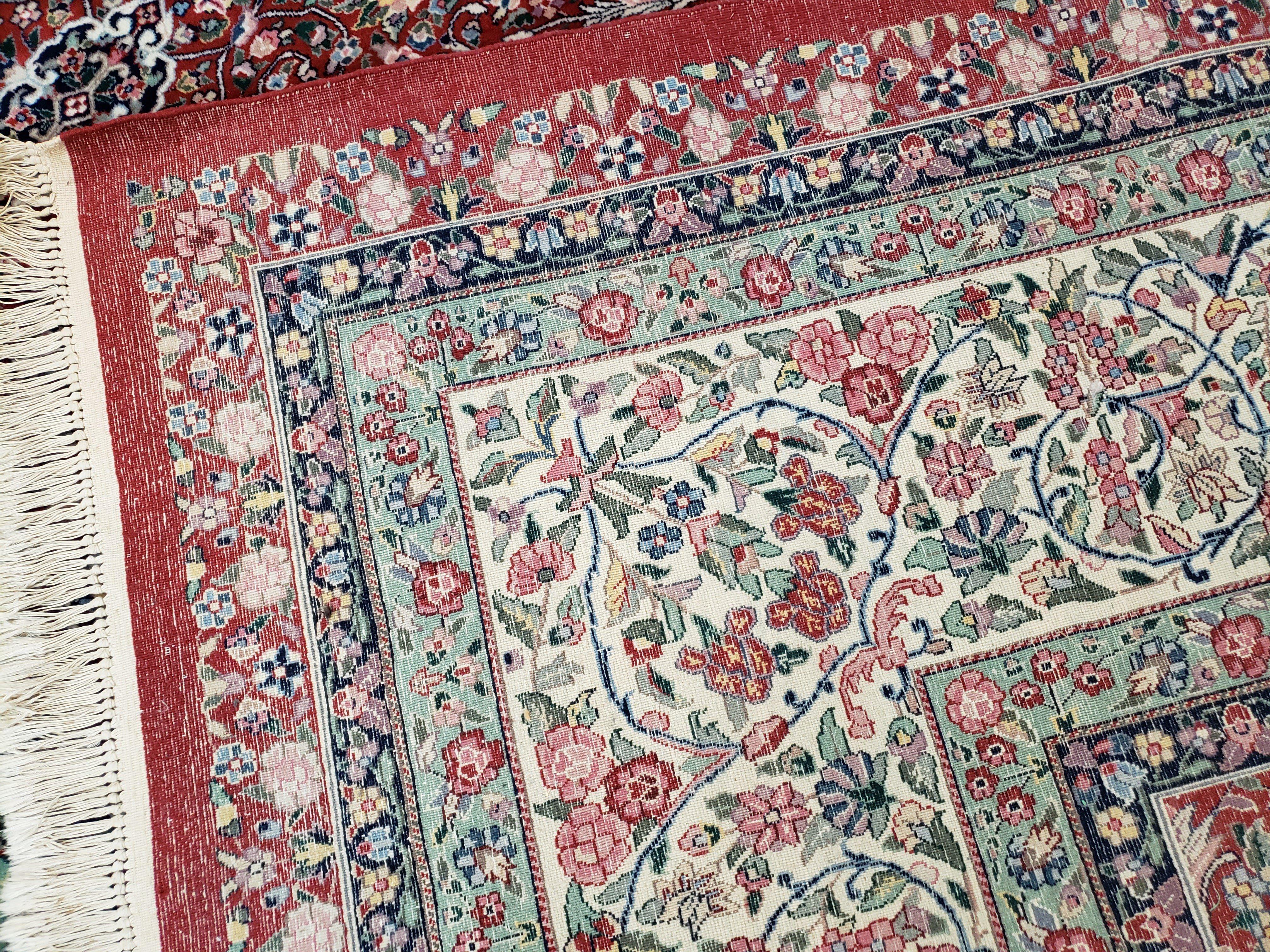 Oversized Pak Persian Rug 11x15, Large Wool Palace Carpet, Red and Ivory, Millefleur Allover Floral Pattern, Vintage Handmade Oriental Rug - Jewel Rugs