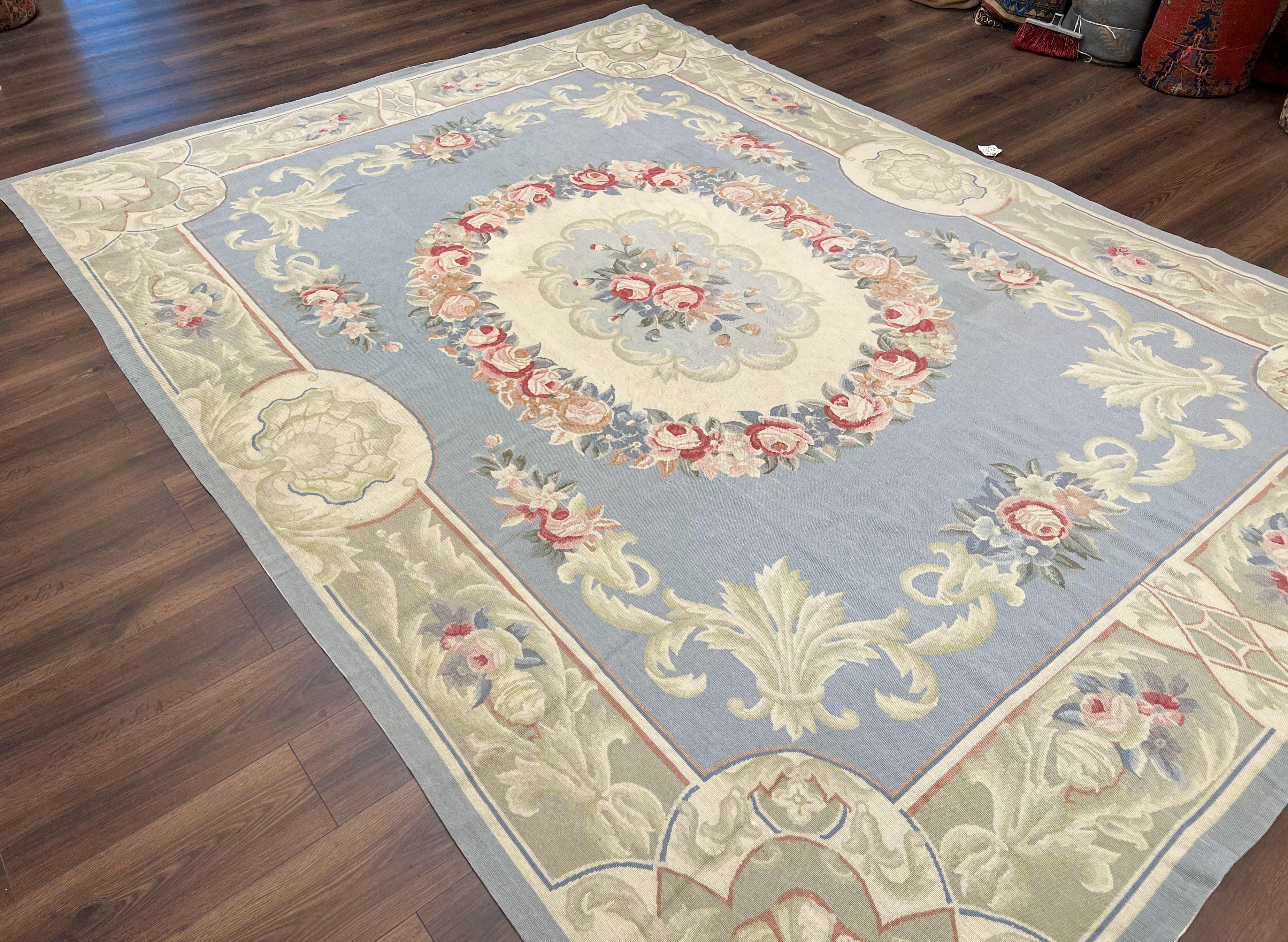 Aubusson Needlepoint Rug 8' 6" x 11' 6", Elegant French Aubusson Design Carpet, Vintage Savonnerie Flatpile Wool Floral Rug Light Blue Beige - Jewel Rugs