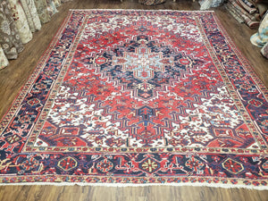 Semi Antique Persian Heriz Rug, Red Ivory & Blue, Hand-Knotted, Wool, 8'4" x 10'8" - Jewel Rugs