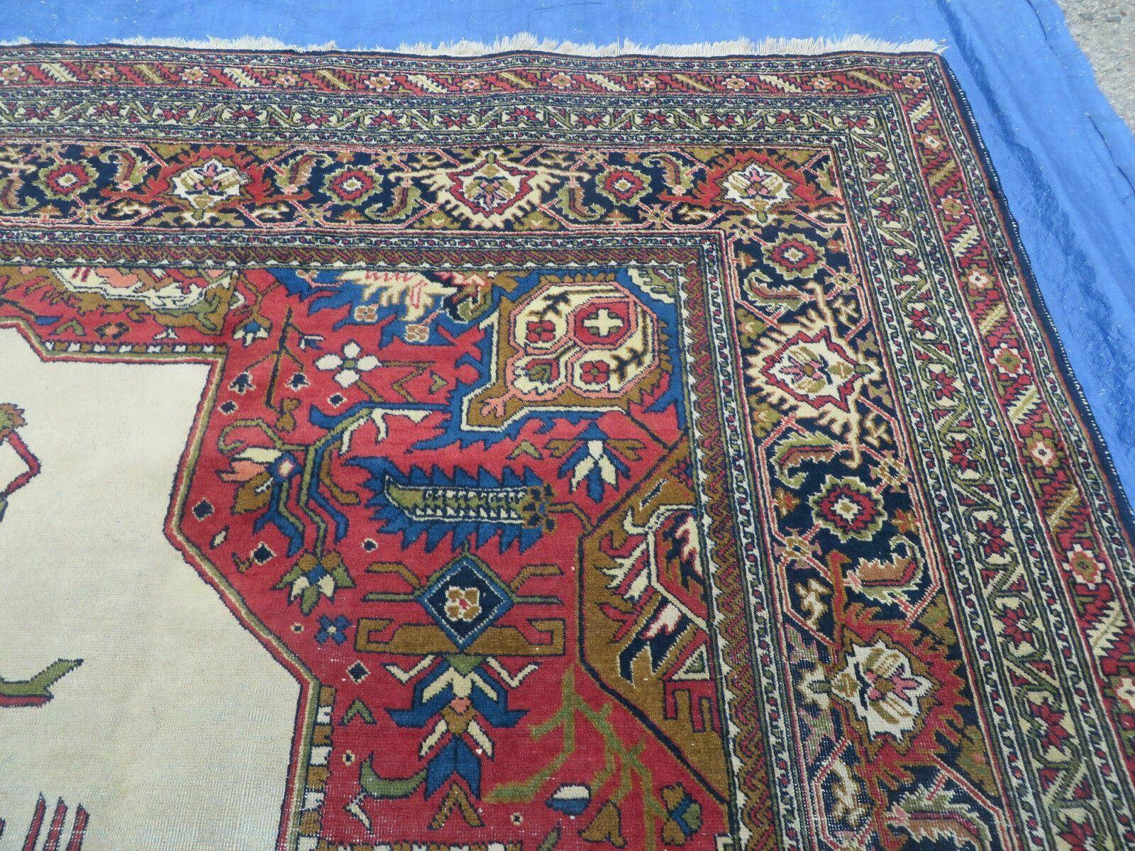 Persian Tabriz Rug 10x13 Oriental Carpet, Ivory Open Field, Geometric Medallion, Red Blue, Hand Knotted, Large Wool Area Rug Vintage Antique 1950s - Jewel Rugs